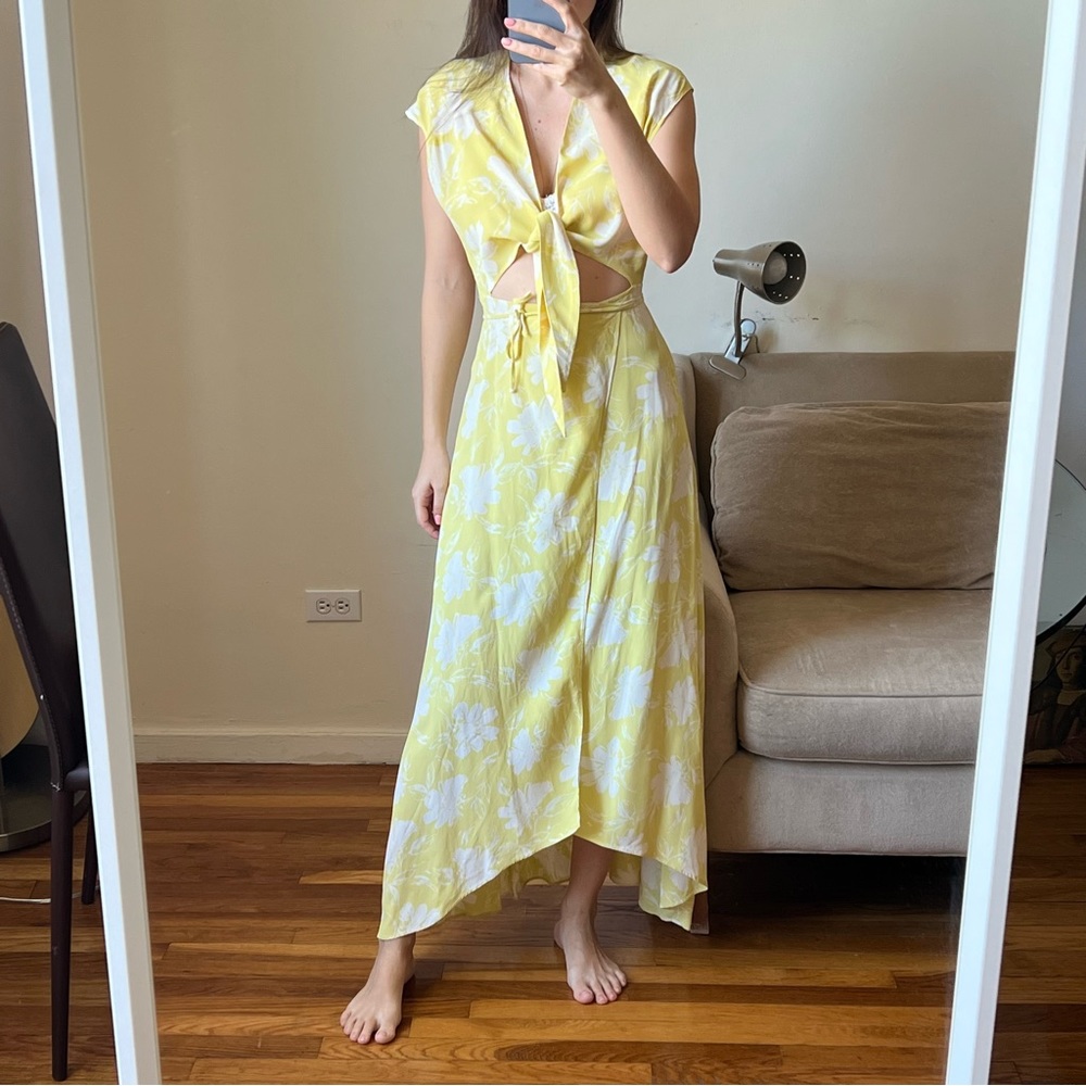 Reformation Yellow and White Asymmetrical Wrap Sundress